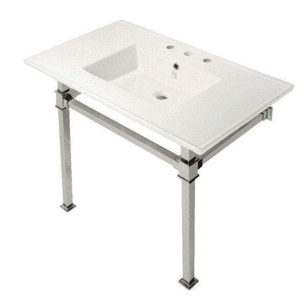 Kingston Brass KVPB37228Q6 37-Inch Console Sink with Stainless Steel Legs (8-Inch, 3 Hole), White/Polished Nickel KVPB37228Q6 - main